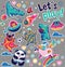 Let`s play. Kids sticker collection in vector. Cute fantasy animals, cosmic aliens, cool unicorn, panda gamer and other