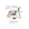 Let`s stay home Inspirational card in hygge style with books, tea or coffee mug, plant, armchair, pillow and blanket in