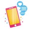 Let`s talk banner. Bright cute phone with icons of messages and likes