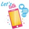 Let`s talk banner. Bright cute phone with icons of messages and likes