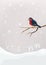 \'Let it snow\' - winter holidays postcard. Little bullfinch sitting on a bare brunch.