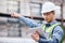 Lets check that next. a mature male architect using a digital tablet at a building site.