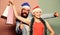 Lets get party. santa man and woman with tinsel. christmas shopping sales. winter holidays celebrate together. happy new