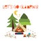 Lets go glamping - summer camping scene vector illustration. Boho teepee tent. Camp night scene with campfire, chairs, trees, moon