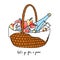 Lets go for a picnic, basket with fruits, cheese and cider, vector illustration