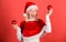 Lets have fun. Girl happy wear santa costume celebrate christmas hold ball decor red background. Favorite time year