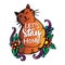 Lets stay home hand drawn lettering calligraphy with cute cat.
