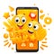 Lets talk sticker. Yellow cartoon couple of emoji characters. Smartphone application template