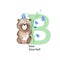 Letter B, bear, blue bell, cute kids colorful animals and flowers ABC alphabet. Watercolor illustration isolated on