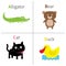 Letter A B C D Alligator Cat Bear Duck Zoo alphabet. English abc with animals Education cards for kids White background F