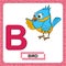 Letter B uppercase with cute cartoon character Bird isolated on white background. Funny colorful flashcard Zoo and animals