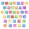 Letter blocks font. 3d children toys english alphabet, baby cubes different angles, bright color letters and numbers