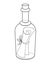 Letter in a bottle - vector linear picture for coloring. Bottle mail - a closed bottle with a scroll tied with a ribbon inside it.