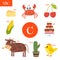 Letter C. Cartoon alphabet for children. Cake, cow, cherry, cactus, cheese, crab, corn, chick
