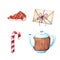 Letter, candy cane, teapot and piece of pie