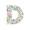 Letter d filled with dense watercolor confetti .