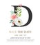 Letter D hand paint watercolor flower and leaf for wedding and invite cards.