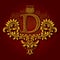 Letter D heraldic monogram in coats of arms form. Vintage golden logo with shadow on maroon background. Letter D is surrounded by
