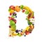 Letter D made of different fruits and berries, fruit font isolated on white background, healthy alphabet