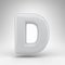 Letter D uppercase on white background. White plastic 3D letter with glossy surface.