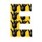 Letter E of the alphabet made with a pattern of black tulip on a yellow background