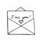 Letter in envelope, lettering i miss you and heart sketch hand drawn doodle. love, icon, vector, monochrome, minimalism, valentine