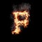 Letter F burning in fire with smoke, digital art isolated on black background, a letter from alphabet set
