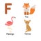 Letter F. Cute animals. Flamingo Fennec Fox. Funny cartoon animals in vector. ABC book.