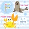 Letter F tracing. Fiddler Crab. Fur Seal. Marine alphabet