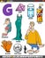 Letter G set with cartoon objects and characters