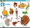Letter g words educational set with cartoon characters