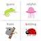 Letter I J K L Iguana Jellyfish Koala Ladybug Zoo alphabet. English abc with animals Education cards for kids White back