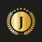 Letter J Concept Seal, Gold Laurel Wreath and Ribbon. Luxury Gold Heraldic Crest Logo Element