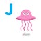 Letter J Jellyfish Zoo alphabet. English abc with animals Education cards for kids White background Flat design