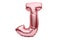 Letter J made of rose golden inflatable helium balloon isolated on white. Gold pink foil balloon font part of full