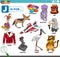 Letter j words educational set with cartoon characters