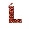 Letter L of alphabet of natural peanuts and paper cut isolated on white. Typeface from groundnuts. Vegan snack