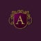 A letter logo heraldry. Gold letter A on a dark purple shield with curls.