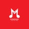 Letter M Alphabet Music Logo Design isolated on Red Background. Initial, Musical Note, Quaver, Eighth Notes logo concept. Monogram