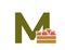 letter m with apple crate. fruit and organic food text logo. harvest and gardening design