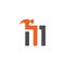 Letter M with with hammer renovation, building services, repair, construction logo design template. Orange and Grey color icon.