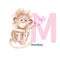 Letter M, monkey, cute kids animal ABC alphabet. Watercolor illustration isolated on white background. Can be used for