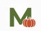 letter m with pumpkin. vegetable and organic food text logo. harvest and agriculture design. halloween symbol