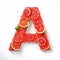 letter A made of red pulpy cut oranges on white background generative AI