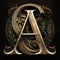 Letter A monogram. Nice wrought iron letter, entwined by floral pattern. Metallic, brown, gold colors symbol. AI