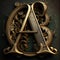 Letter A monogram. Nice wrought iron letter, entwined by floral pattern. Metallic, brown, gold symbol. AI generative