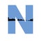 Letter N of the alphabet made with a blue background and a silhouette of a village