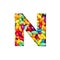 Letter N of English alphabet made of colourful rainbow glucose candies and paper cut isolated on white. Festive typeface