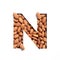 Letter N of English alphabet made of nuts and paper cut isolated on white. Typeface from almonds