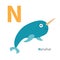 Letter N Narwhal Zoo alphabet. English abc with animals Education cards for kids White background Flat design
